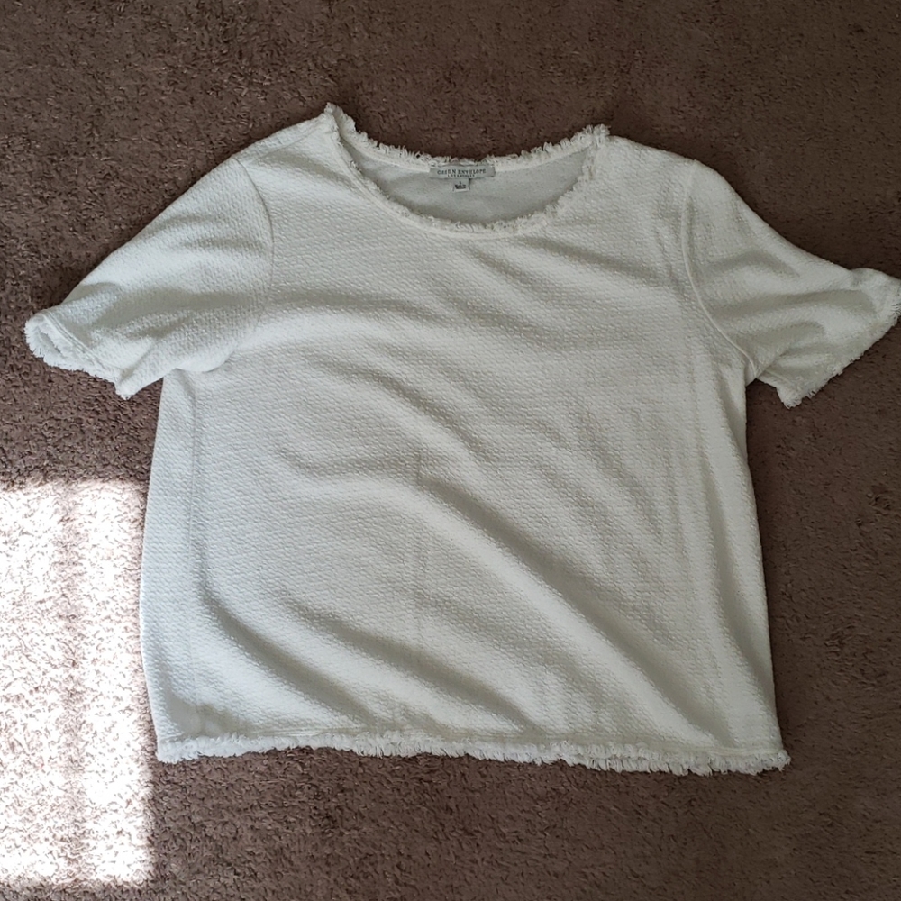Green Envelope white raw edge textured top sz L